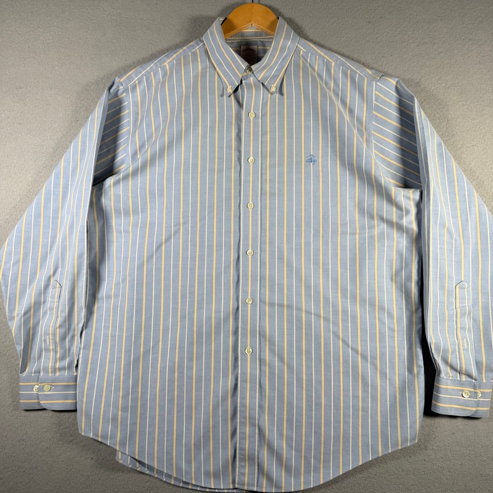 Brooks Brothers 346 Mens Large Blue Yellow Striped Non-Iron Supima Cotton Shirt
